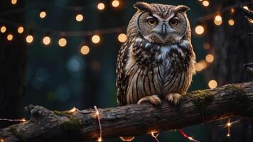 An owl perched on a branch, illuminated by soft, glowing lights in a forest setting. photo