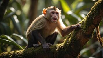 A monkey perched on a moss-covered branch in a lush forest setting. photo