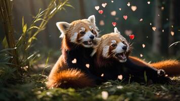 Two red pandas playfully interacting in a lush environment, surrounded by heart-shaped decorations. photo