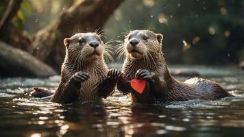 Two otters holding a heart-shaped object in a serene, natural water setting. photo