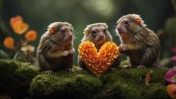 Three adorable creatures holding a heart-shaped decoration in a lush, vibrant setting. photo