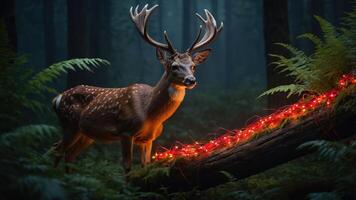 A deer stands in a misty forest, illuminated by festive red lights on a fallen log. photo
