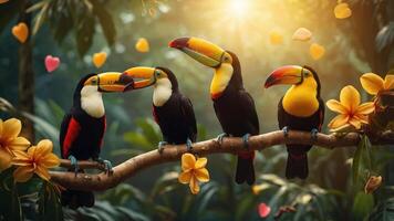 Four colorful toucans perched on a branch surrounded by tropical flowers and a warm glow. photo