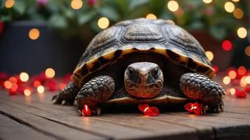 A close-up of a tortoise resting on a wooden surface with decorative lights and petals. photo