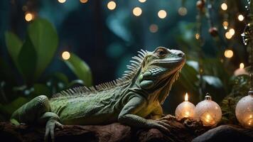 A serene iguana resting among decorative lights and ornaments in a lush setting. photo