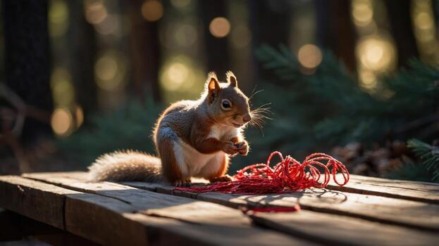 A squirrel plays with red strings on a wooden surface in a sunlit forest setting. photo