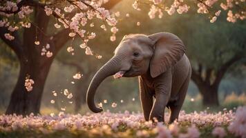 A playful elephant surrounded by blooming pink flowers in a serene landscape. photo