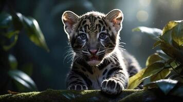 A playful young clouded leopard cub resting on a mossy branch in a lush, green environment. photo