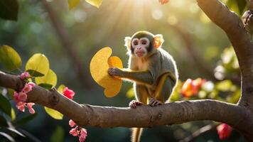 A monkey holds a yellow object while perched on a branch surrounded by flowers. photo