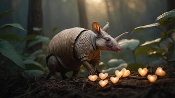 An armadillo surrounded by glowing heart-shaped lights in a serene forest setting. photo