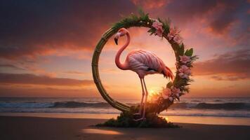 A flamingo stands in a floral frame at sunset on a beach, creating a serene atmosphere. photo