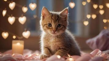 A cute kitten sits among soft fabrics and heart-shaped lights, creating a cozy atmosphere. photo