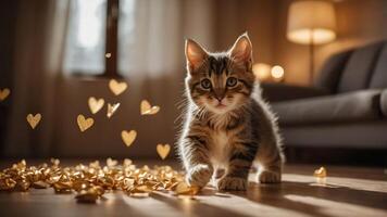 A playful kitten walks through a room sprinkled with golden heart-shaped confetti. photo