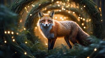 A fox stands in a magical forest setting adorned with glowing lights. photo