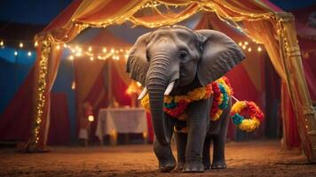 An elephant adorned with colorful garlands stands in a festive circus setting. photo