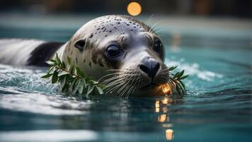 A seal swimming with a wreath of leaves, creating a serene aquatic scene. photo