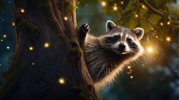 A raccoon peeks from a tree amidst glowing fireflies in a mystical forest setting. photo