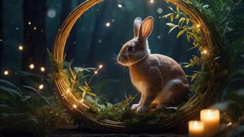 A serene rabbit sits within a glowing wreath, surrounded by nature and soft candlelight. photo