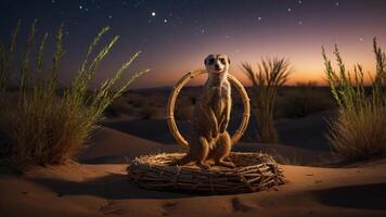 A meerkat stands in a woven basket against a starry desert sunset backdrop. photo