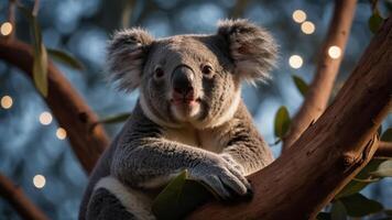 A koala resting on a tree branch, surrounded by soft lighting and greenery. photo