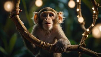 A curious monkey perched on a bamboo branch surrounded by soft glowing lights. photo