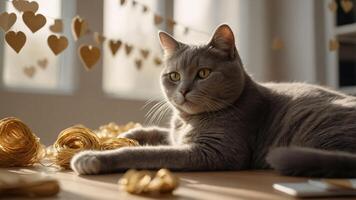 A serene gray cat resting on a table surrounded by golden heart decorations. photo