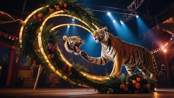 Two tigers performing in a circus setting with illuminated rings and floral decorations. photo