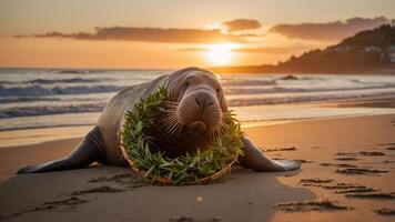 A seal resting on the beach at sunset, adorned with a wreath of leaves. photo