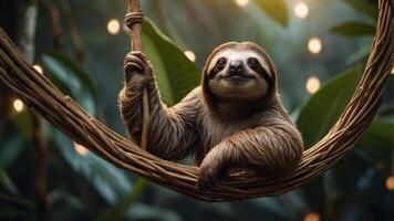 A sloth hanging from a woven branch in a lush, illuminated jungle setting. photo