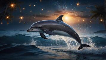 A dolphin leaps joyfully through a sparkling ocean at sunset, surrounded by palm trees. photo