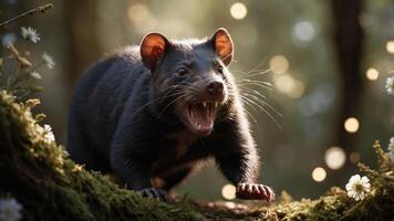 A fierce Tasmanian devil in a mystical forest setting, showcasing its unique features. photo
