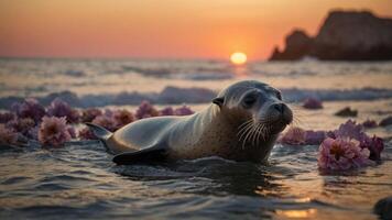 A seal surrounded by flowers at sunset on a beach, creating a serene and picturesque scene. photo