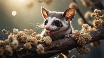 A cute marsupial perched on a branch surrounded by flowers in soft, natural lighting. photo