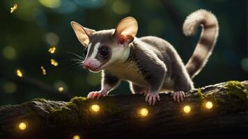 A sugar glider perched on a mossy branch amidst glowing lights in a forest setting. photo
