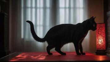 A silhouette of a black cat walking near a glowing lantern, creating a moody atmosphere. photo