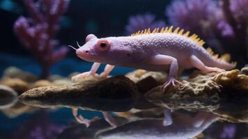 A pink amphibian on rocks in an aquarium, surrounded by aquatic plants. photo