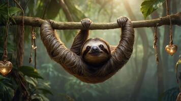 A sloth hangs playfully from a branch in a lush, sun-drenched jungle. photo
