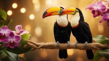 Two toucans perched on a branch surrounded by vibrant orchids and a soft, blurred background. photo