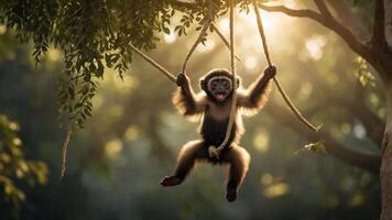 A playful monkey swings from branches in a sunlit forest, showcasing its agility and joy. photo