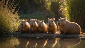 Five capybaras relaxing by a serene pond at sunset. photo