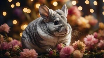 A cute chinchilla sitting among colorful flowers with soft lighting in the background. photo