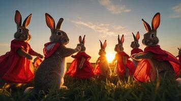 Rabbits in red dresses gather at sunset in a grassy field, creating a whimsical scene. photo