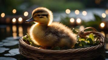 A fluffy duckling sits in a woven basket surrounded by greenery, illuminated by soft lights. photo
