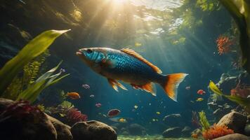 Underwater scene featuring a colorful fish amidst aquatic plants and rocks. photo