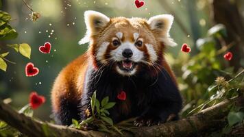 A cheerful red panda surrounded by floating hearts in a lush, vibrant forest setting. photo