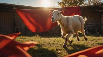 A goat playfully runs in a sunlit farmyard with a vibrant red backdrop. photo