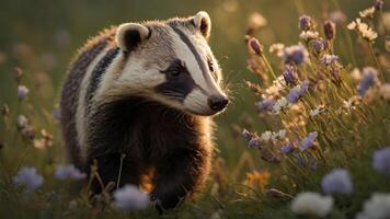 A badger walking through a field of flowers during golden hour. photo