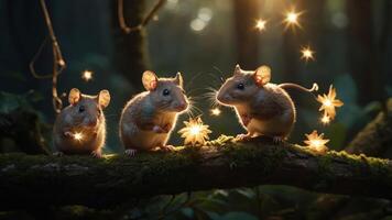 Three whimsical mice with glowing elements in a magical forest setting. photo