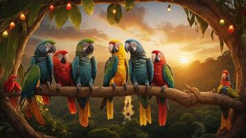 A vibrant group of colorful parrots perched on a branch during a sunset in a lush landscape. photo