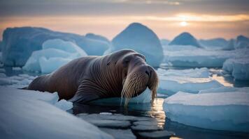 A walrus rests on ice floes during sunset, showcasing its natural habitat. photo